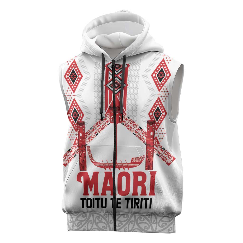 Toitu Te Tiriti Waitangi Sleeveless Zip Hoodie White Wharenui House - Polynesian Pride