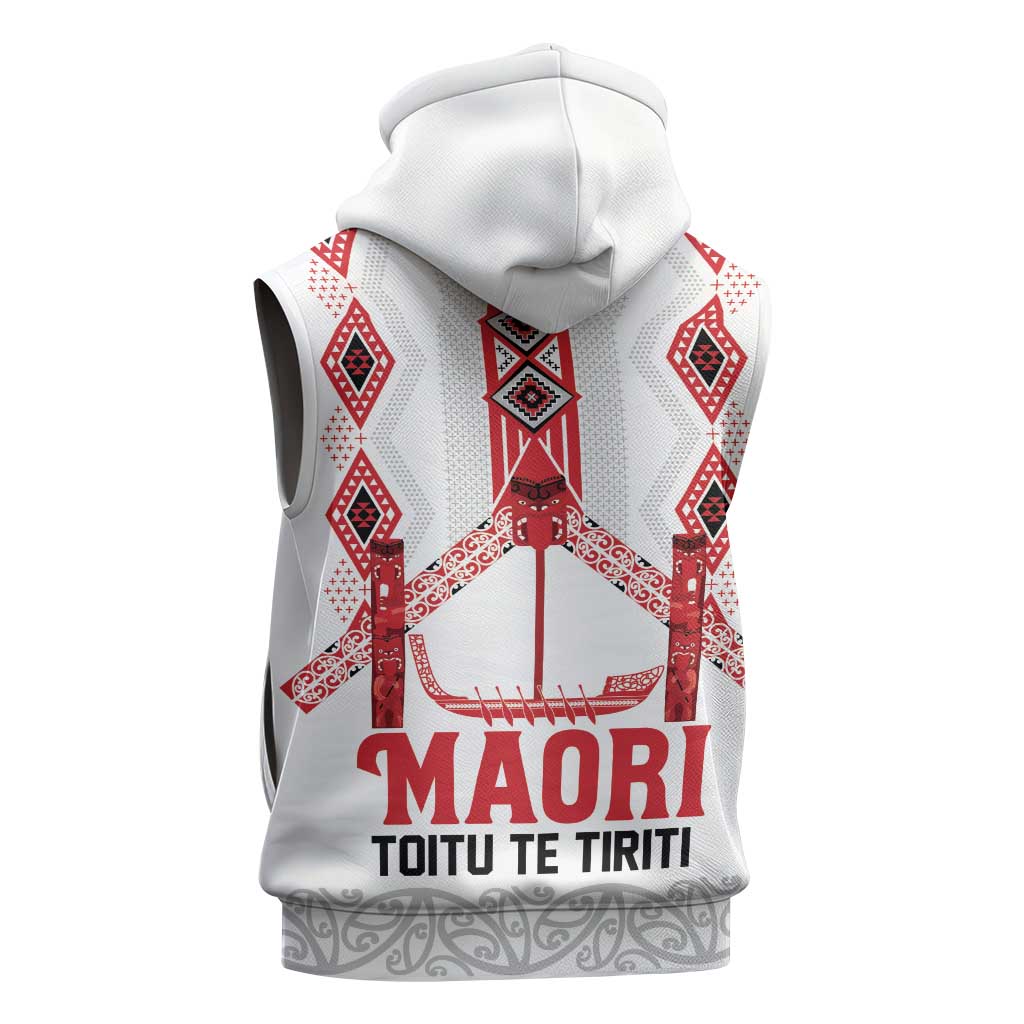 Toitu Te Tiriti Waitangi Sleeveless Zip Hoodie White Wharenui House - Polynesian Pride