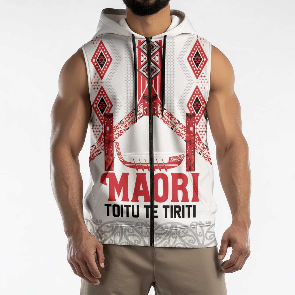 Toitu Te Tiriti Waitangi Sleeveless Zip Hoodie White Wharenui House - Polynesian Pride