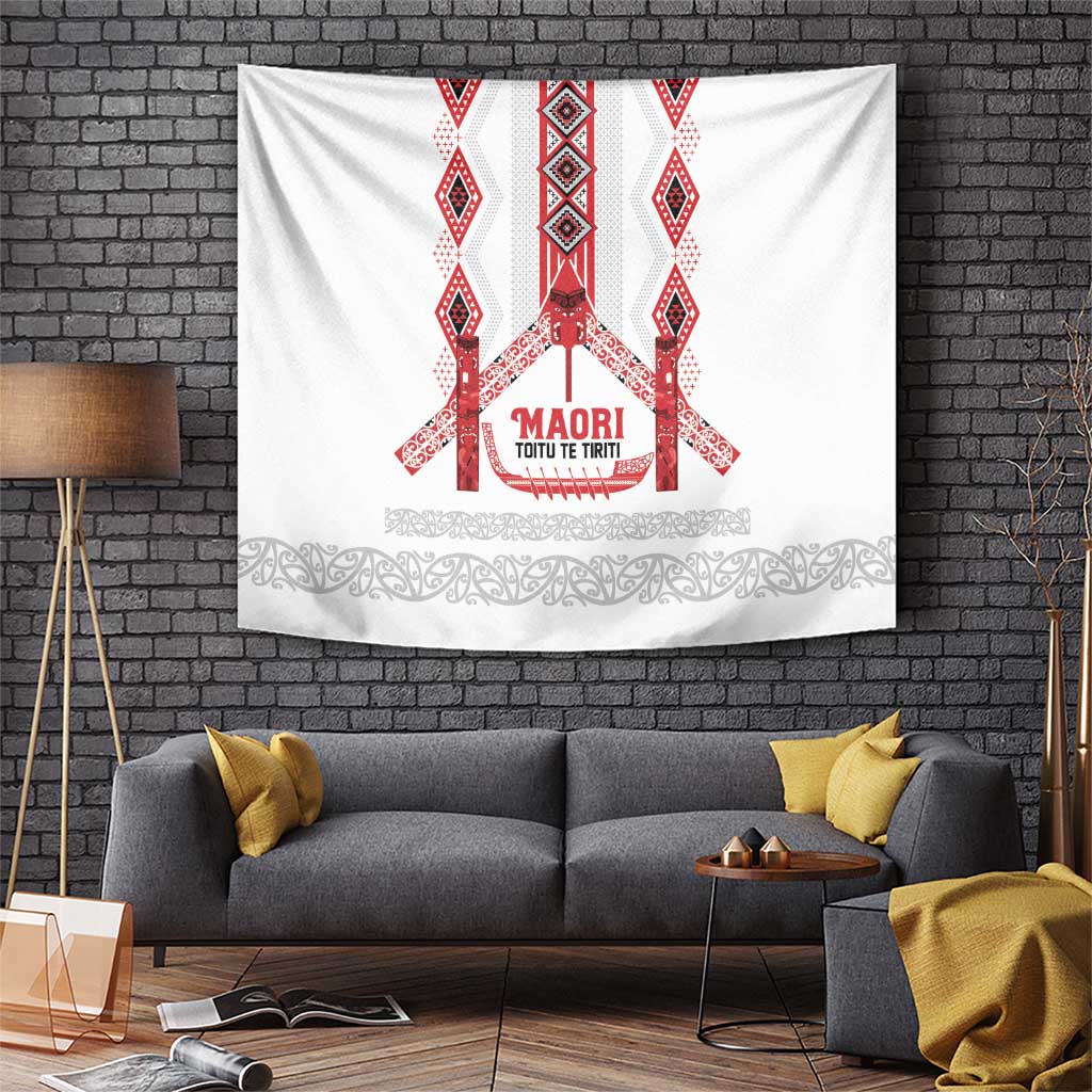 Toitu Te Tiriti Waitangi Tapestry White Wharenui House - Polynesian Pride