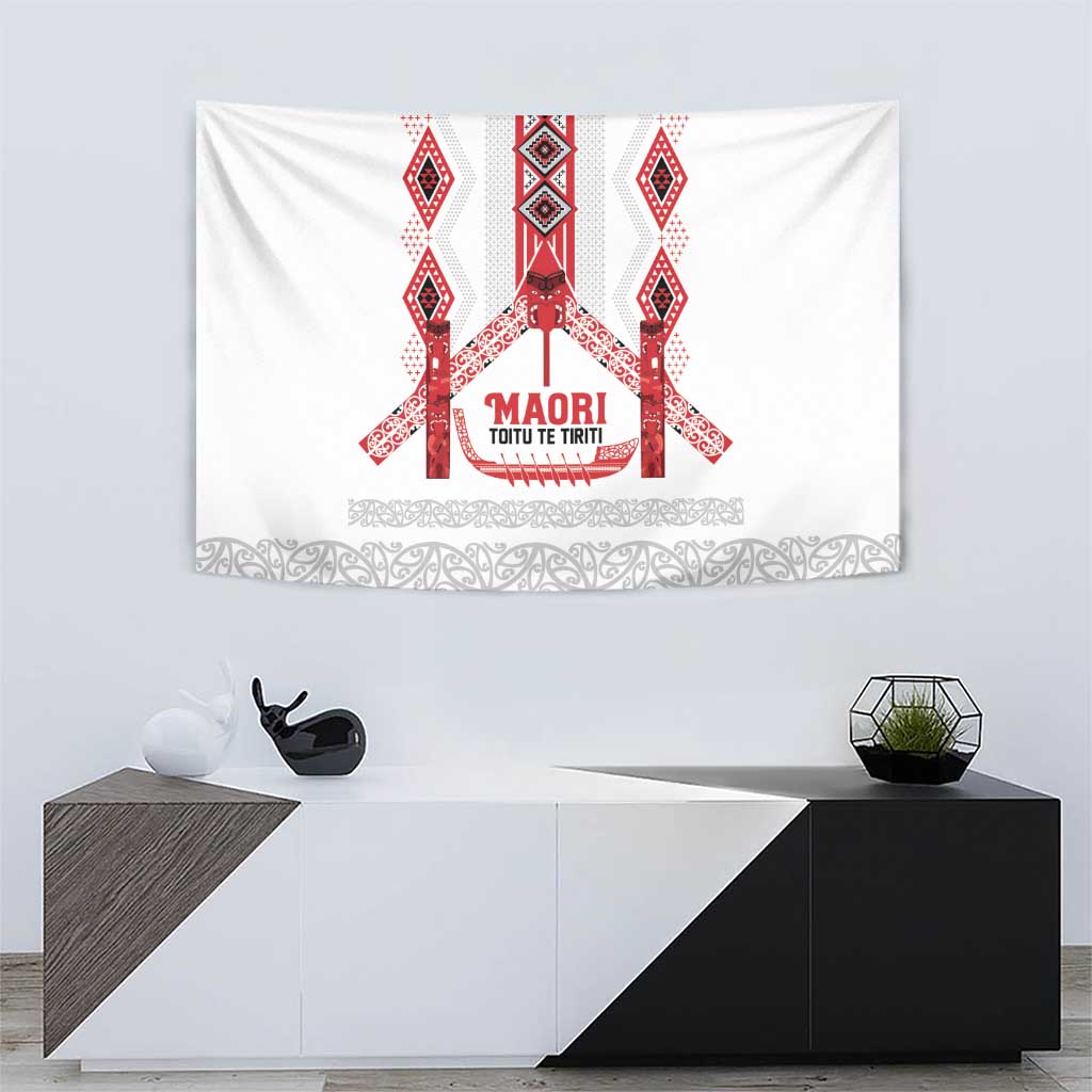 Toitu Te Tiriti Waitangi Tapestry White Wharenui House - Polynesian Pride