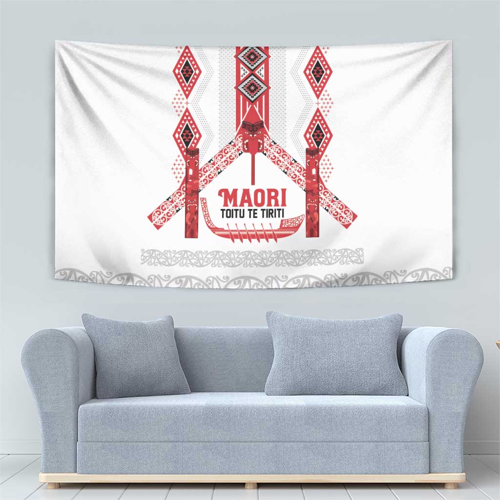Toitu Te Tiriti Waitangi Tapestry White Wharenui House - Polynesian Pride