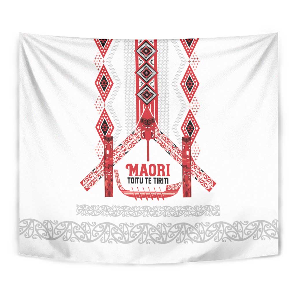 Toitu Te Tiriti Waitangi Tapestry White Wharenui House - Polynesian Pride