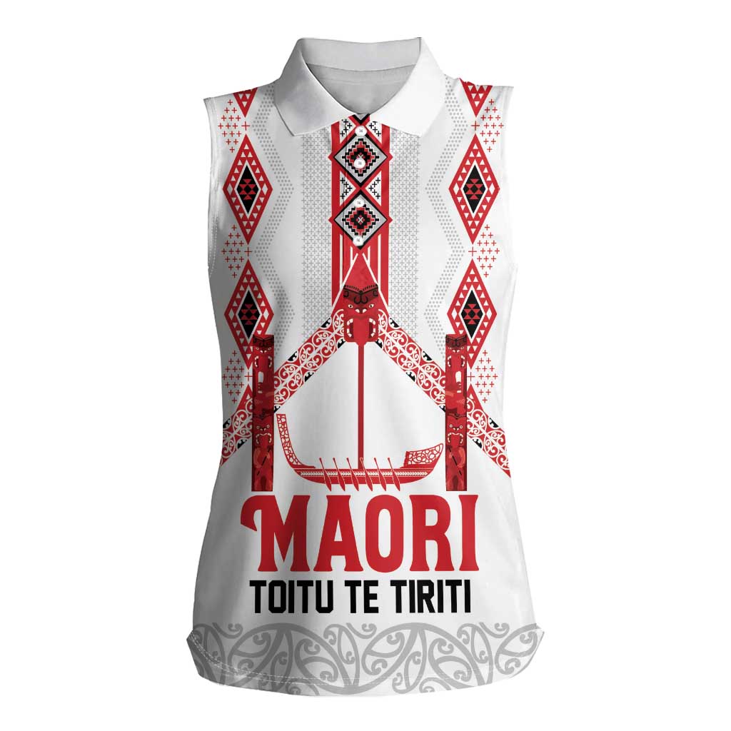 Toitu Te Tiriti Waitangi Women Sleeveless Polo Shirt White Wharenui House - Polynesian Pride