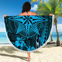 Vintage Tonga Tribal Ngatu Pattern Beach Blanket With Pacific Floral Aqua Art