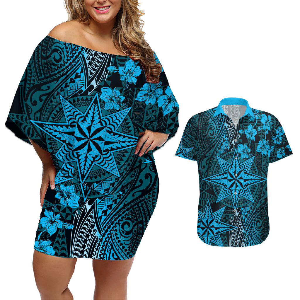 Vintage Tonga Tribal Ngatu Pattern Couples Matching Off Shoulder Short Dress and Hawaiian Shirt With Pacific Floral Aqua Art