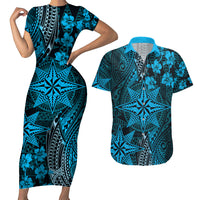 Vintage Tonga Tribal Ngatu Pattern Couples Matching Short Sleeve Bodycon Dress and Hawaiian Shirt With Pacific Floral Aqua Art LT9 Aqua - Polynesian Pride