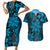 Vintage Tonga Tribal Ngatu Pattern Couples Matching Short Sleeve Bodycon Dress and Hawaiian Shirt With Pacific Floral Aqua Art