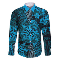 Vintage Tonga Tribal Ngatu Pattern Family Matching Long Sleeve Bodycon Dress and Hawaiian Shirt With Pacific Floral Aqua Art LT9 Dad's Shirt - Long Sleeve Aqua - Polynesian Pride