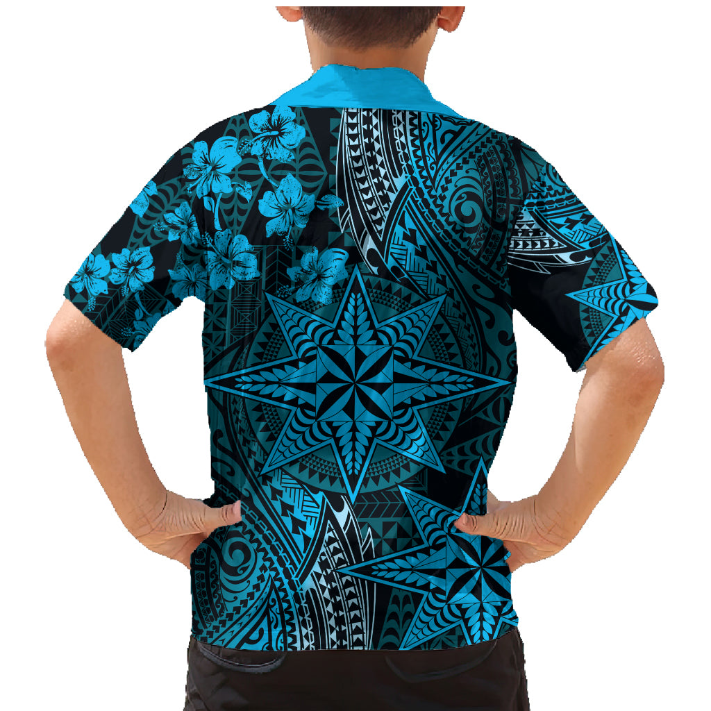 Vintage Tonga Tribal Ngatu Pattern Family Matching Mermaid Dress and Hawaiian Shirt With Pacific Floral Aqua Art LT9 - Polynesian Pride