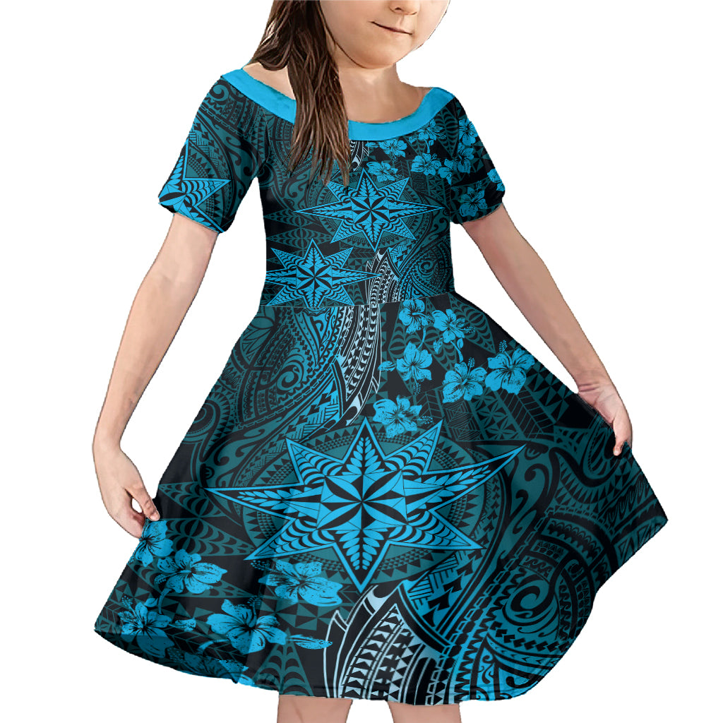 Vintage Tonga Tribal Ngatu Pattern Family Matching Mermaid Dress and Hawaiian Shirt With Pacific Floral Aqua Art LT9 Daughter's Dress Aqua - Polynesian Pride
