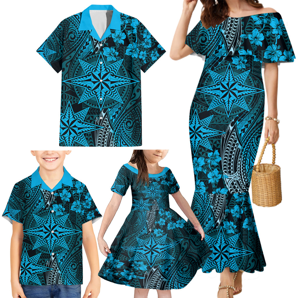 Vintage Tonga Tribal Ngatu Pattern Family Matching Mermaid Dress and Hawaiian Shirt With Pacific Floral Aqua Art LT9 - Polynesian Pride