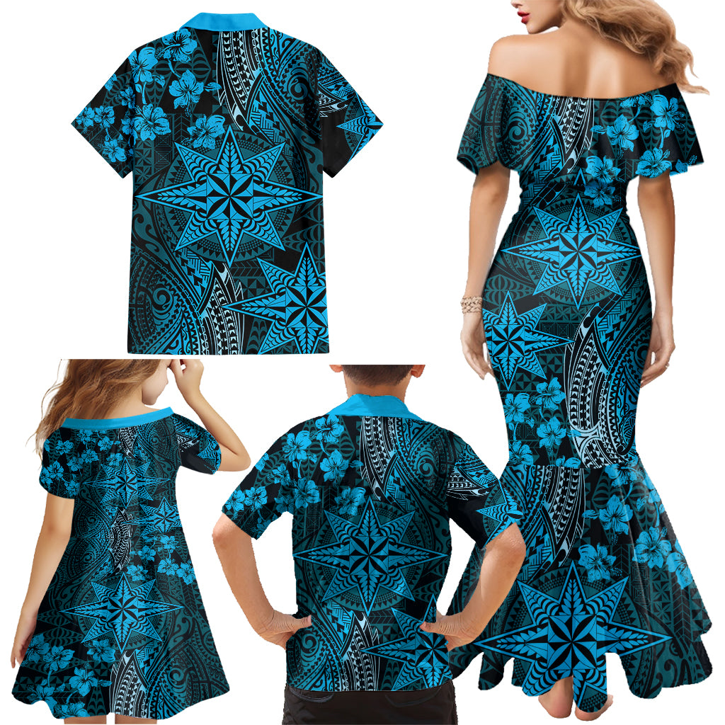 Vintage Tonga Tribal Ngatu Pattern Family Matching Mermaid Dress and Hawaiian Shirt With Pacific Floral Aqua Art LT9 - Polynesian Pride