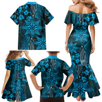 Vintage Tonga Tribal Ngatu Pattern Family Matching Mermaid Dress and Hawaiian Shirt With Pacific Floral Aqua Art LT9 - Polynesian Pride