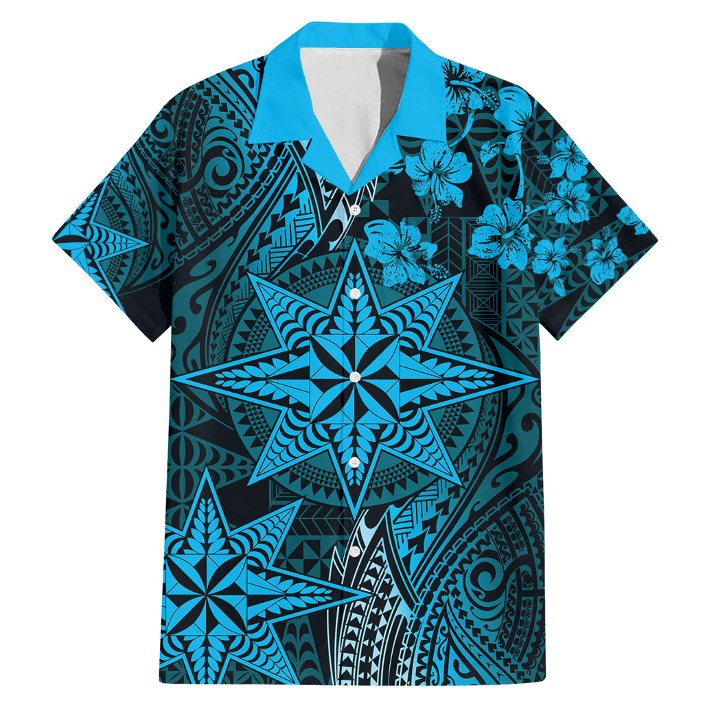 Vintage Tonga Tribal Ngatu Pattern Family Matching Mermaid Dress and Hawaiian Shirt With Pacific Floral Aqua Art LT9 Dad's Shirt - Short Sleeve Aqua - Polynesian Pride