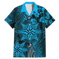 Vintage Tonga Tribal Ngatu Pattern Family Matching Mermaid Dress and Hawaiian Shirt With Pacific Floral Aqua Art LT9 Dad's Shirt - Short Sleeve Aqua - Polynesian Pride
