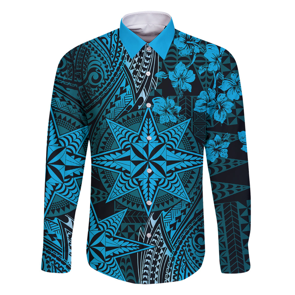 Vintage Tonga Tribal Ngatu Pattern Family Matching Mermaid Dress and Hawaiian Shirt With Pacific Floral Aqua Art LT9 Dad's Shirt - Long Sleeve Aqua - Polynesian Pride