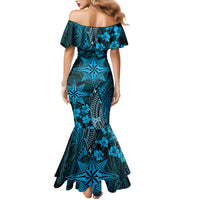 Vintage Tonga Tribal Ngatu Pattern Family Matching Mermaid Dress and Hawaiian Shirt With Pacific Floral Aqua Art LT9 - Polynesian Pride