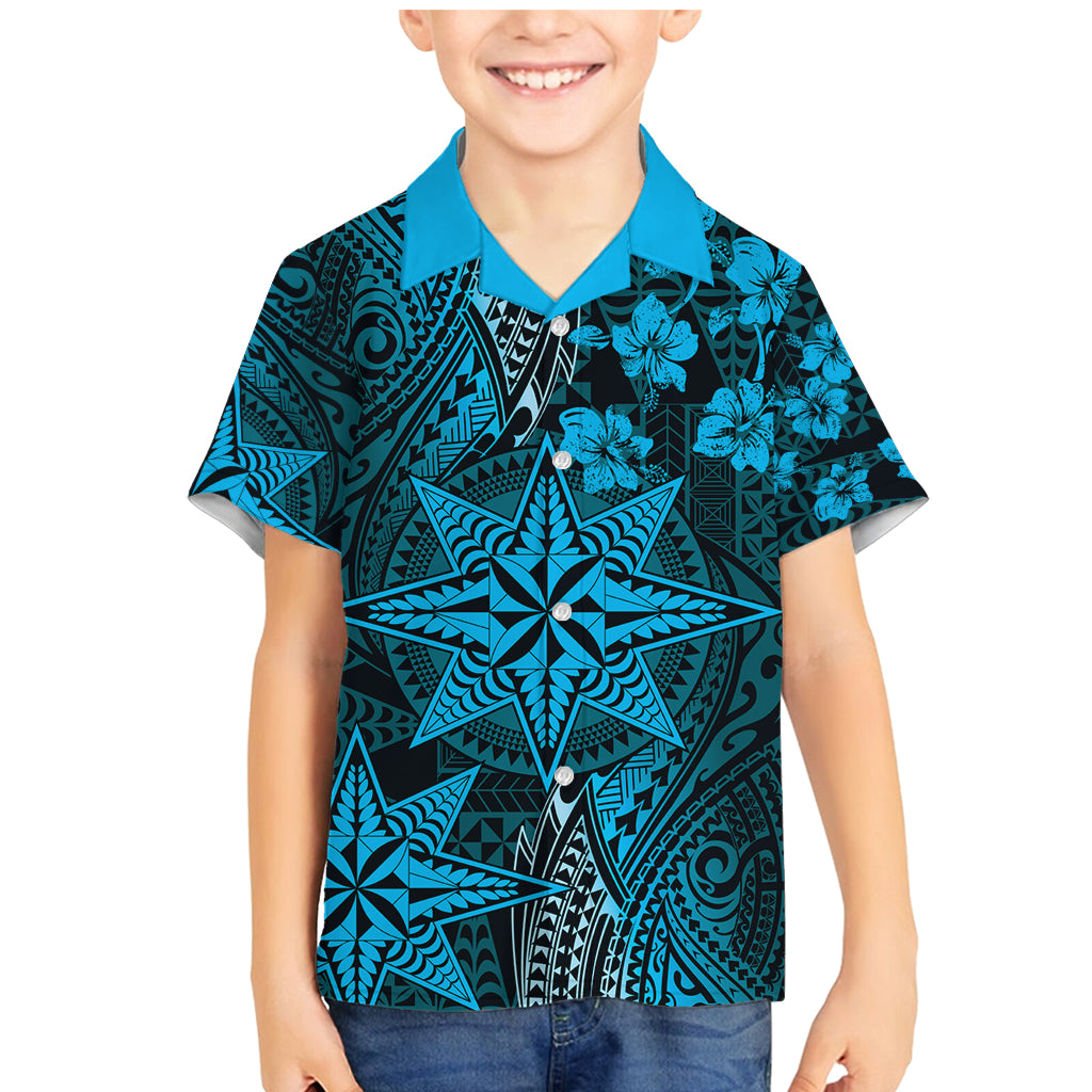 Vintage Tonga Tribal Ngatu Pattern Family Matching Mermaid Dress and Hawaiian Shirt With Pacific Floral Aqua Art LT9 Son's Shirt Aqua - Polynesian Pride