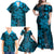 Vintage Tonga Tribal Ngatu Pattern Family Matching Off Shoulder Maxi Dress and Hawaiian Shirt With Pacific Floral Aqua Art