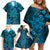 Vintage Tonga Tribal Ngatu Pattern Family Matching Off Shoulder Short Dress and Hawaiian Shirt With Pacific Floral Aqua Art