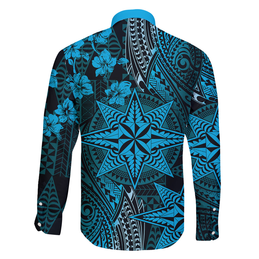 Vintage Tonga Tribal Ngatu Pattern Family Matching Off Shoulder Short Dress and Hawaiian Shirt With Pacific Floral Aqua Art