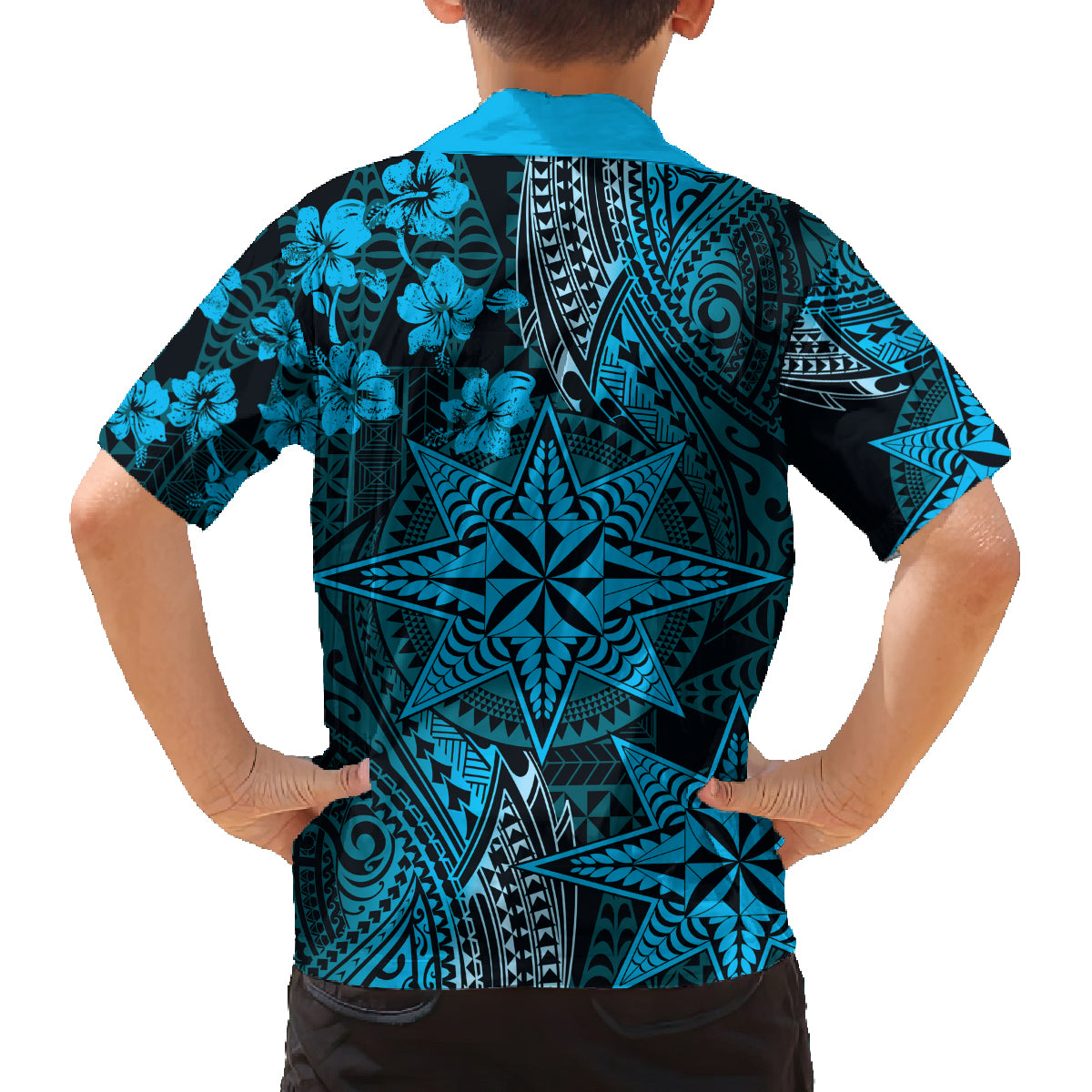 Vintage Tonga Tribal Ngatu Pattern Family Matching Puletasi and Hawaiian Shirt With Pacific Floral Aqua Art LT9 - Polynesian Pride