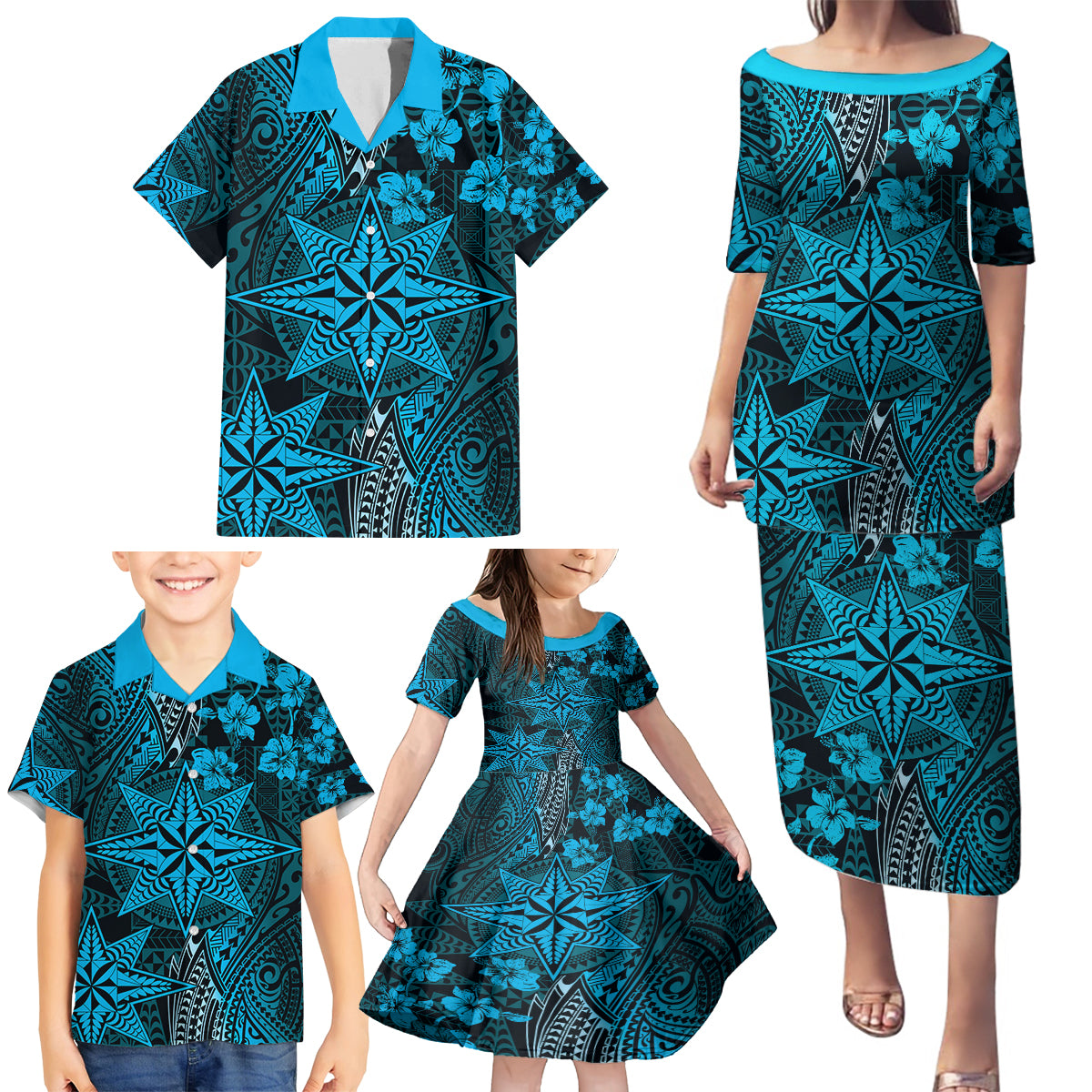 Vintage Tonga Tribal Ngatu Pattern Family Matching Puletasi and Hawaiian Shirt With Pacific Floral Aqua Art LT9 - Polynesian Pride