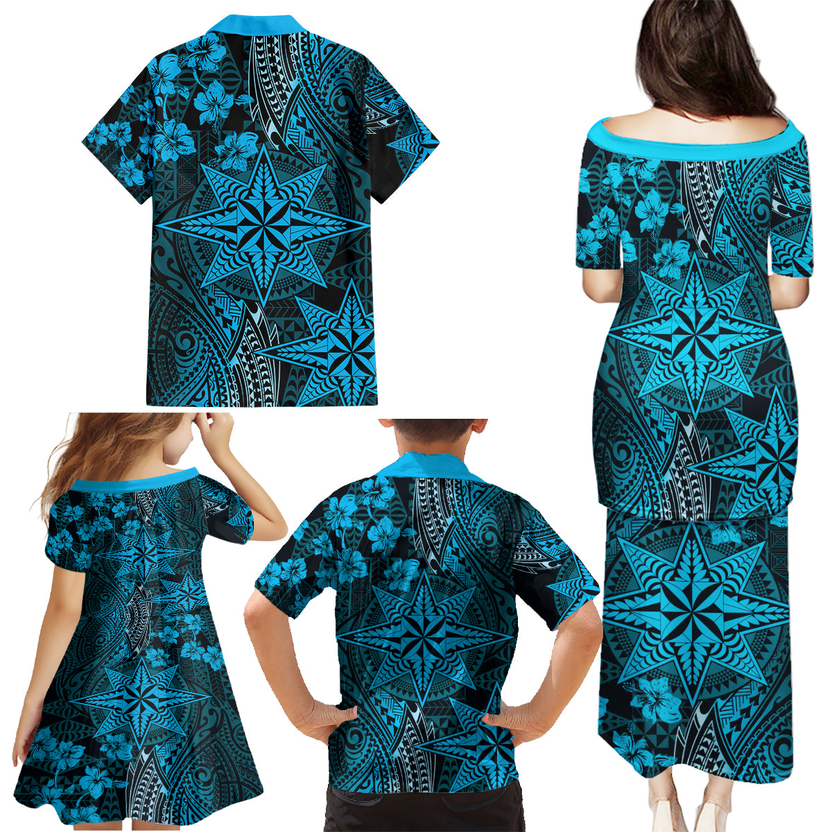Vintage Tonga Tribal Ngatu Pattern Family Matching Puletasi and Hawaiian Shirt With Pacific Floral Aqua Art LT9 - Polynesian Pride