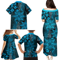 Vintage Tonga Tribal Ngatu Pattern Family Matching Puletasi and Hawaiian Shirt With Pacific Floral Aqua Art LT9 - Polynesian Pride