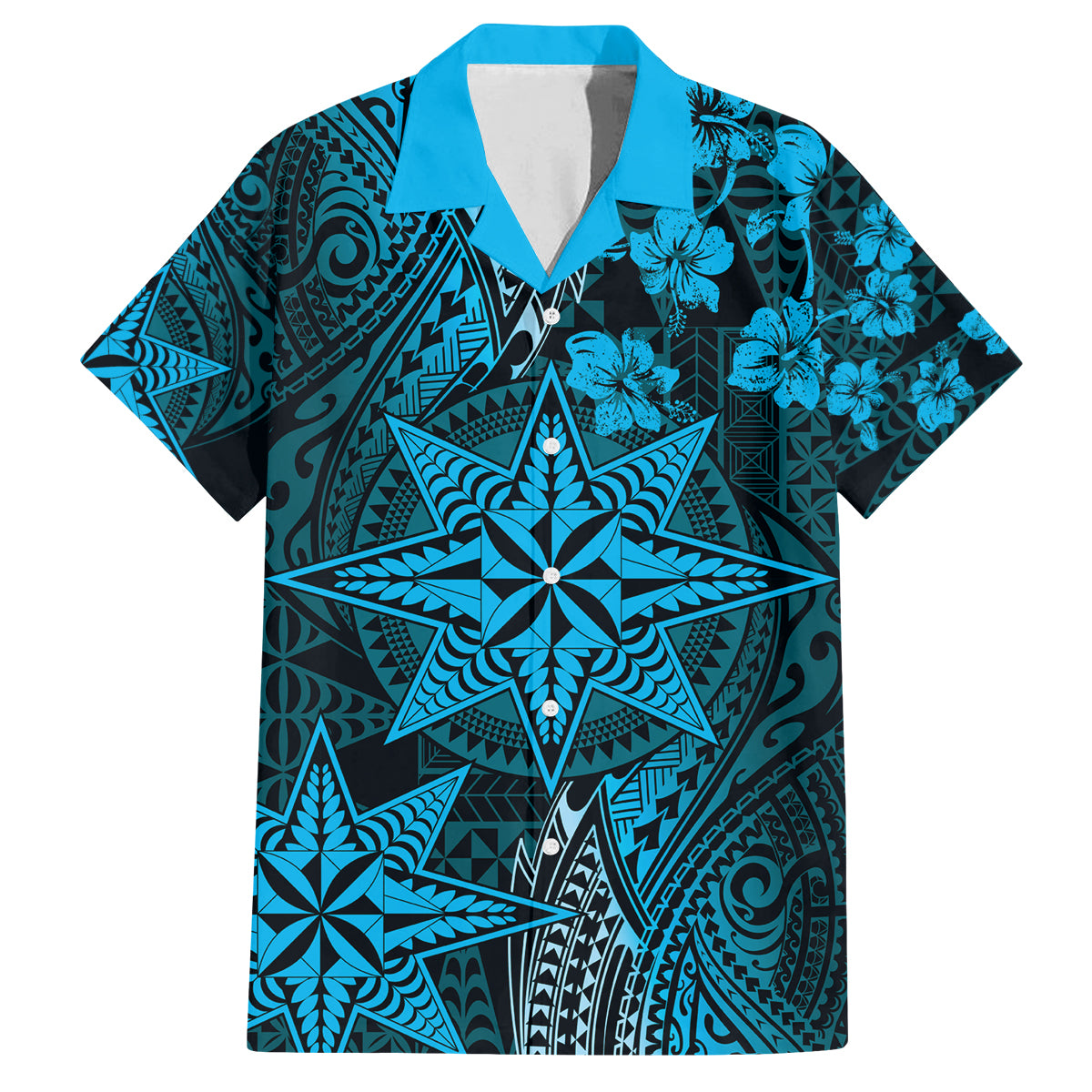 Vintage Tonga Tribal Ngatu Pattern Family Matching Puletasi and Hawaiian Shirt With Pacific Floral Aqua Art LT9 Dad's Shirt - Short Sleeve Aqua - Polynesian Pride