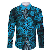 Vintage Tonga Tribal Ngatu Pattern Family Matching Puletasi and Hawaiian Shirt With Pacific Floral Aqua Art LT9 Dad's Shirt - Long Sleeve Aqua - Polynesian Pride