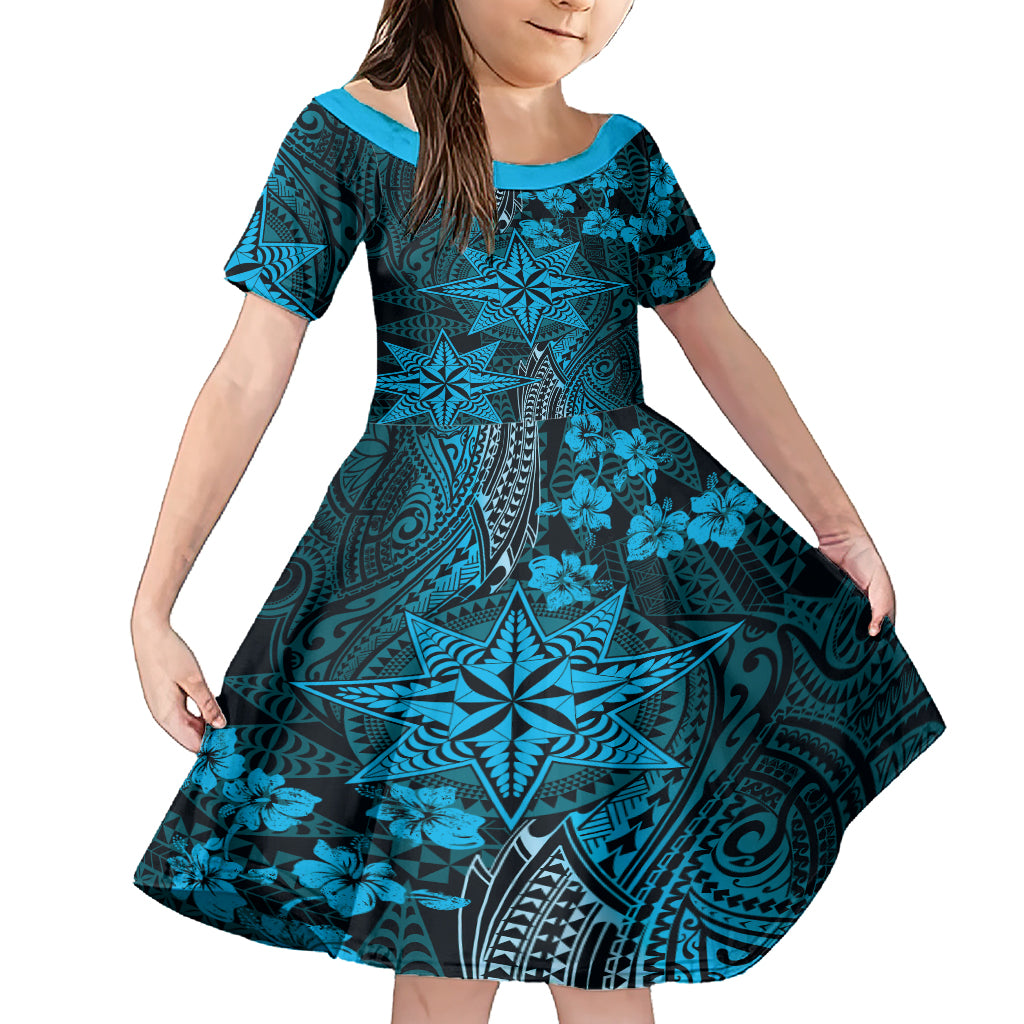 Vintage Tonga Tribal Ngatu Pattern Family Matching Short Sleeve Bodycon Dress and Hawaiian Shirt With Pacific Floral Aqua Art LT9 Daughter's Dress Aqua - Polynesian Pride