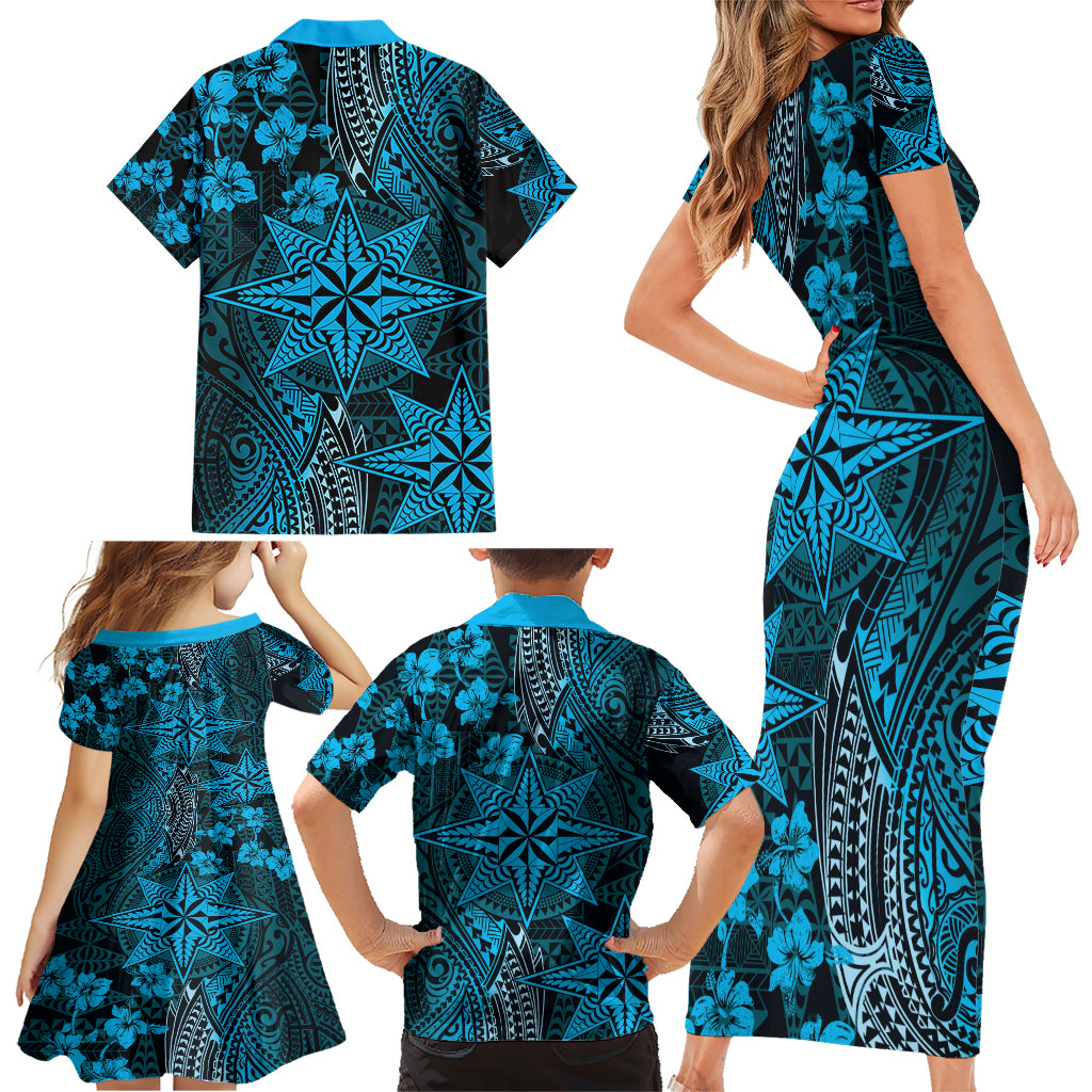 Vintage Tonga Tribal Ngatu Pattern Family Matching Short Sleeve Bodycon Dress and Hawaiian Shirt With Pacific Floral Aqua Art LT9 - Polynesian Pride