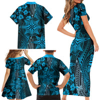 Vintage Tonga Tribal Ngatu Pattern Family Matching Short Sleeve Bodycon Dress and Hawaiian Shirt With Pacific Floral Aqua Art LT9 - Polynesian Pride