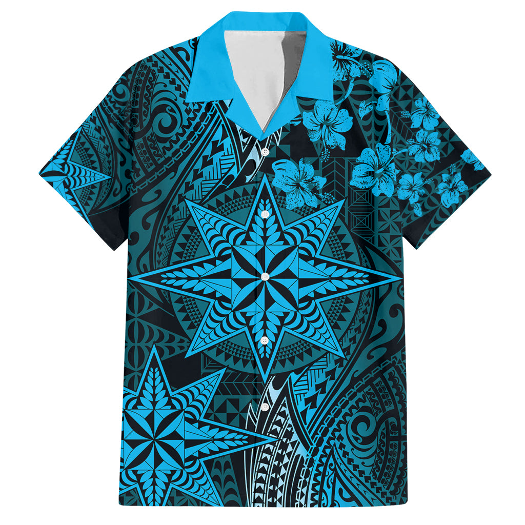 Vintage Tonga Tribal Ngatu Pattern Family Matching Short Sleeve Bodycon Dress and Hawaiian Shirt With Pacific Floral Aqua Art LT9 Dad's Shirt - Short Sleeve Aqua - Polynesian Pride