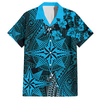 Vintage Tonga Tribal Ngatu Pattern Family Matching Short Sleeve Bodycon Dress and Hawaiian Shirt With Pacific Floral Aqua Art LT9 Dad's Shirt - Short Sleeve Aqua - Polynesian Pride