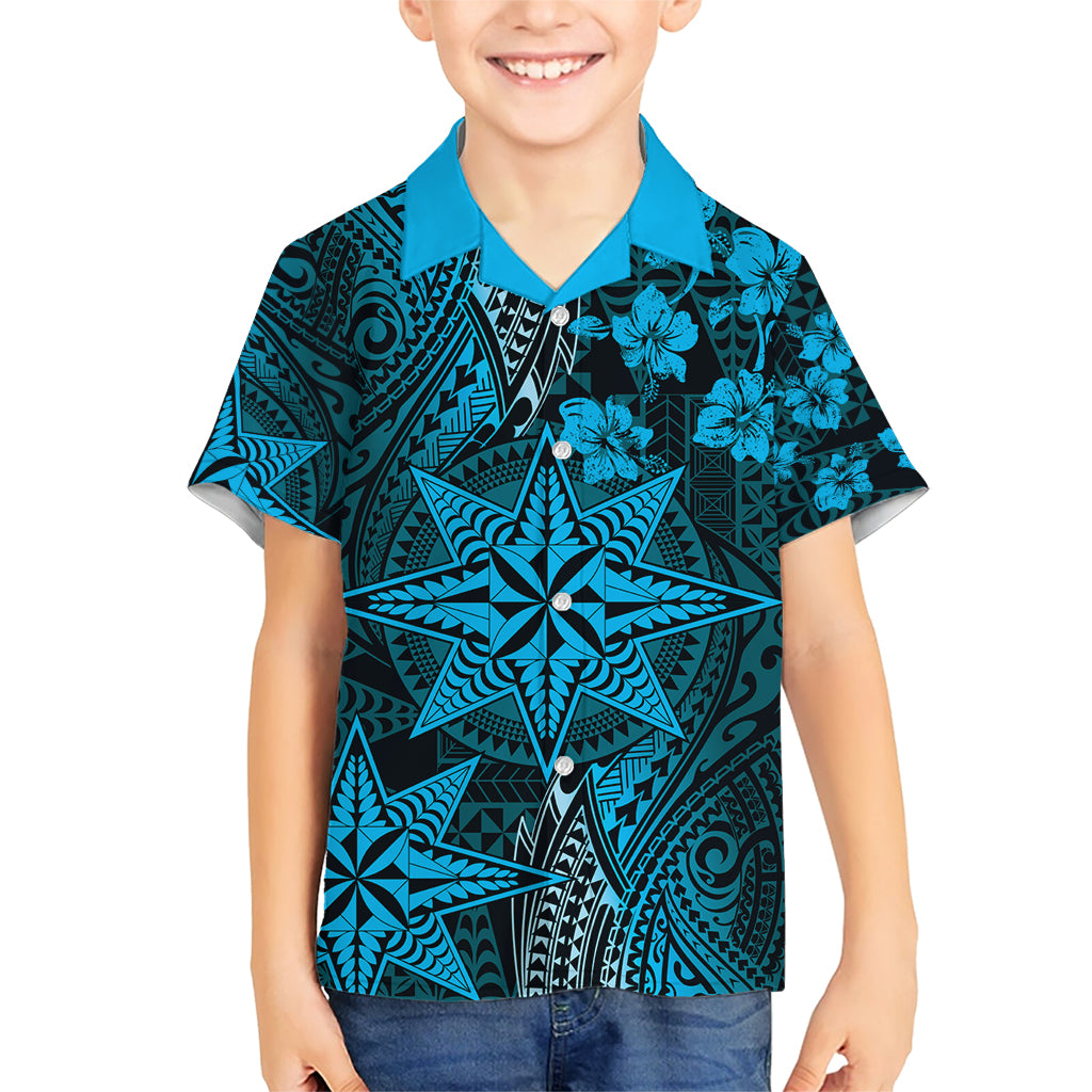 Vintage Tonga Tribal Ngatu Pattern Family Matching Short Sleeve Bodycon Dress and Hawaiian Shirt With Pacific Floral Aqua Art LT9 Son's Shirt Aqua - Polynesian Pride