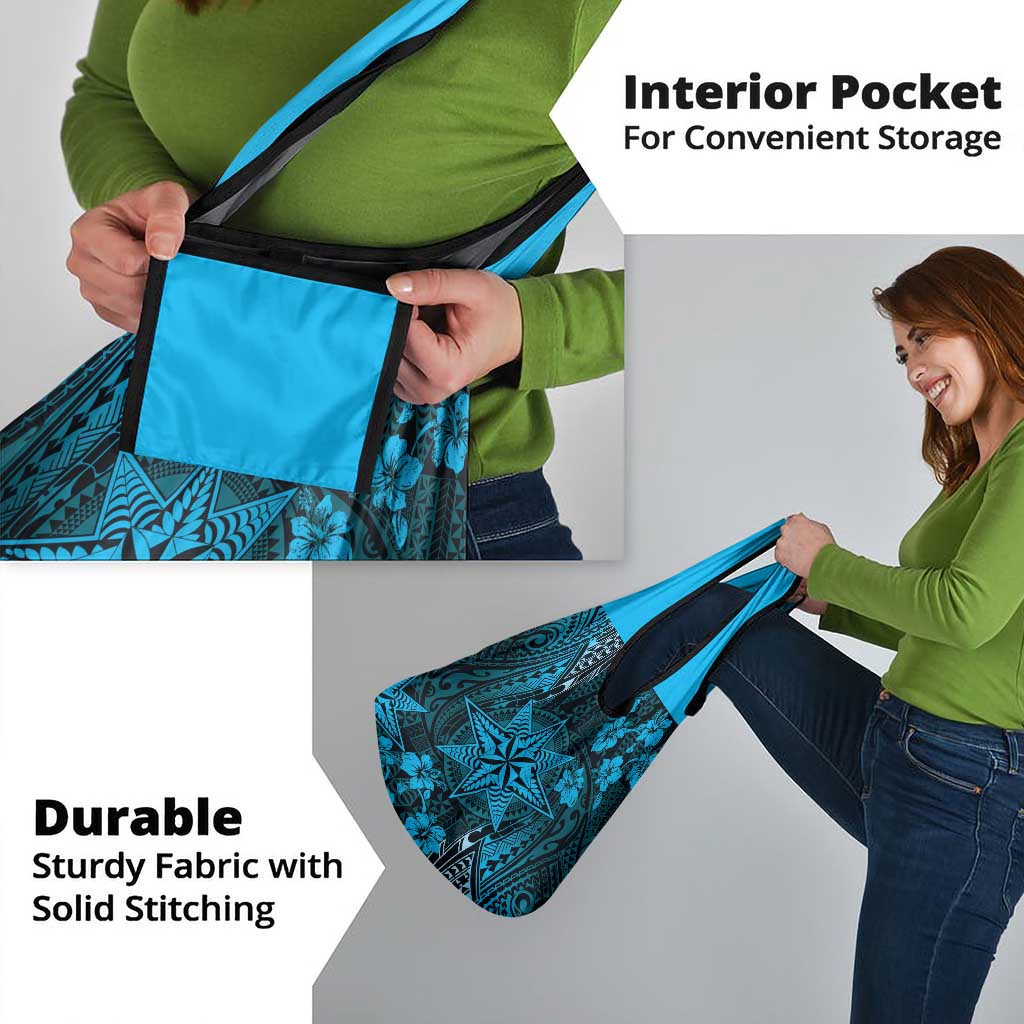 Vintage Tonga Tribal Ngatu Pattern Grocery Bag With Pacific Floral Aqua Art