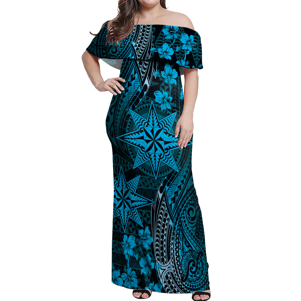 Vintage Tonga Tribal Ngatu Pattern Off Shoulder Maxi Dress With Pacific Floral Aqua Art