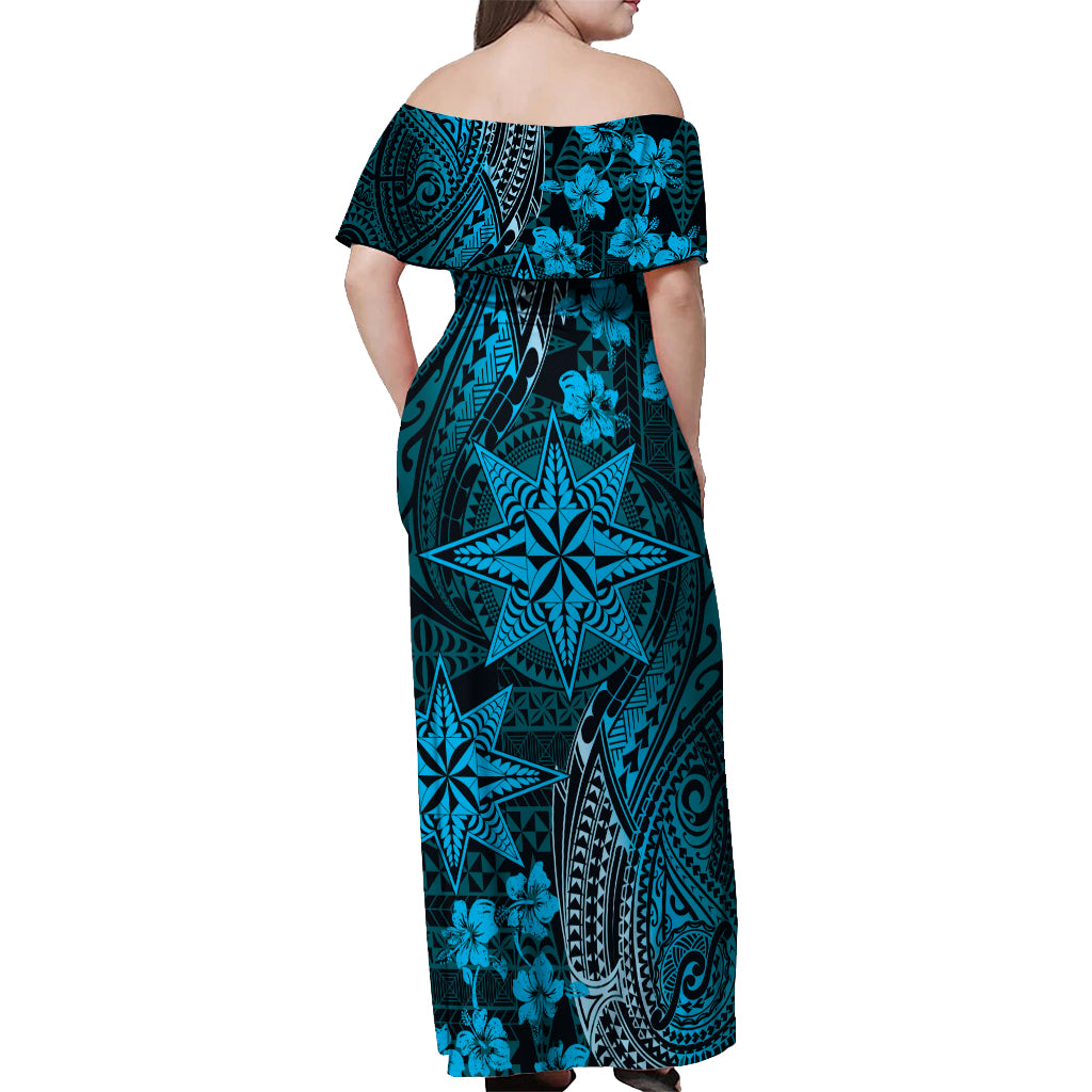 Vintage Tonga Tribal Ngatu Pattern Off Shoulder Maxi Dress With Pacific Floral Aqua Art
