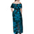 Vintage Tonga Tribal Ngatu Pattern Off Shoulder Maxi Dress With Pacific Floral Aqua Art