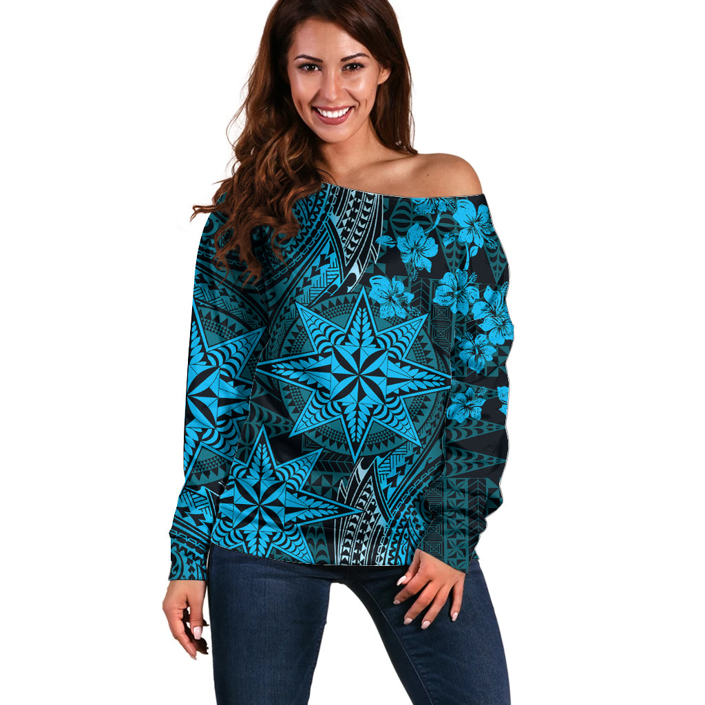 Vintage Tonga Tribal Ngatu Pattern Off Shoulder Sweater With Pacific Floral Aqua Art