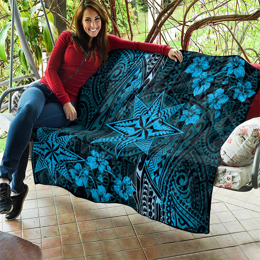 Vintage Tonga Tribal Ngatu Pattern Quilt With Pacific Floral Aqua Art