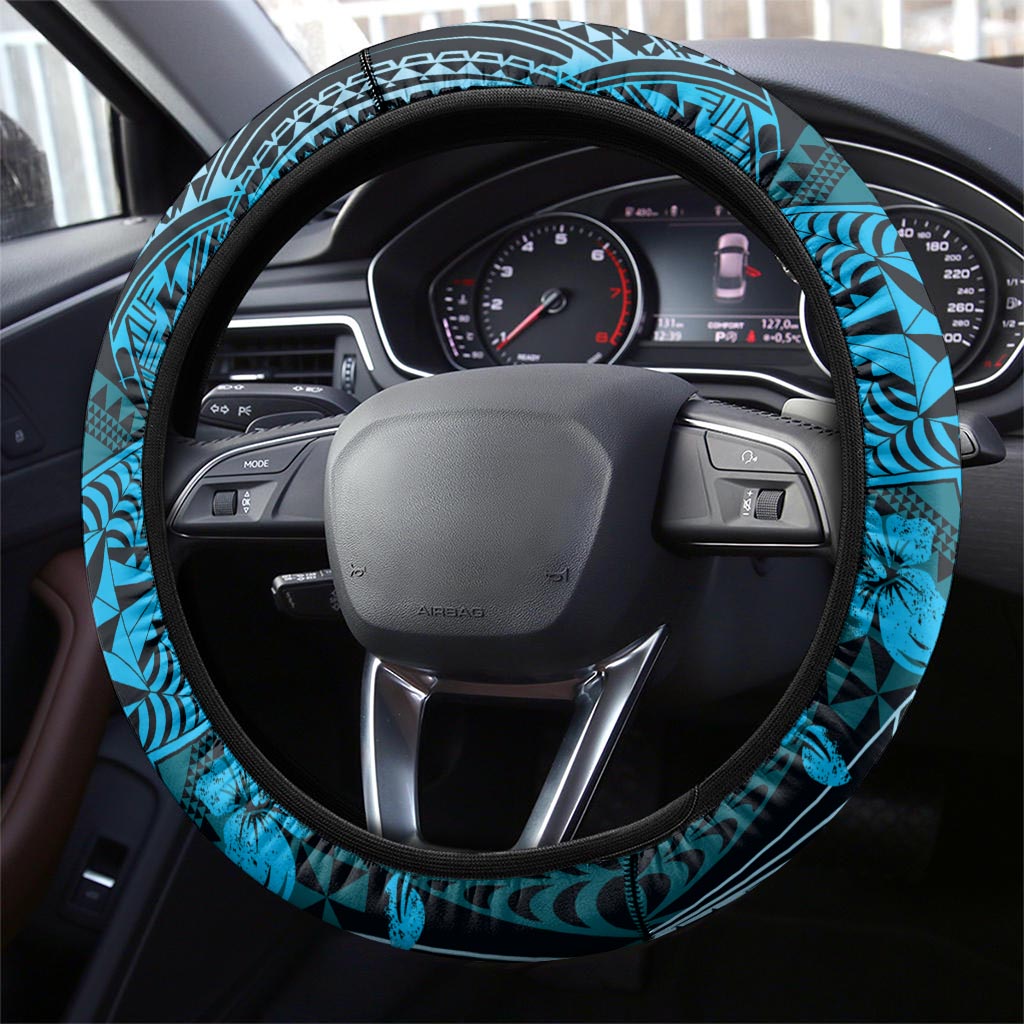 Vintage Tonga Tribal Ngatu Pattern Steering Wheel Cover With Pacific Floral Aqua Art