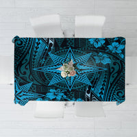 Vintage Tonga Tribal Ngatu Pattern Tablecloth With Pacific Floral Aqua Art