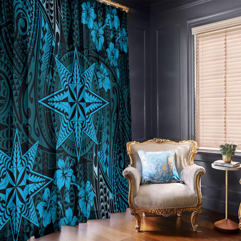 Vintage Tonga Tribal Ngatu Pattern Window Curtain With Pacific Floral Aqua Art