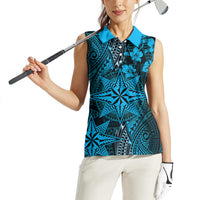 Vintage Tonga Tribal Ngatu Pattern Women Sleeveless Polo Shirt With Pacific Floral Aqua Art