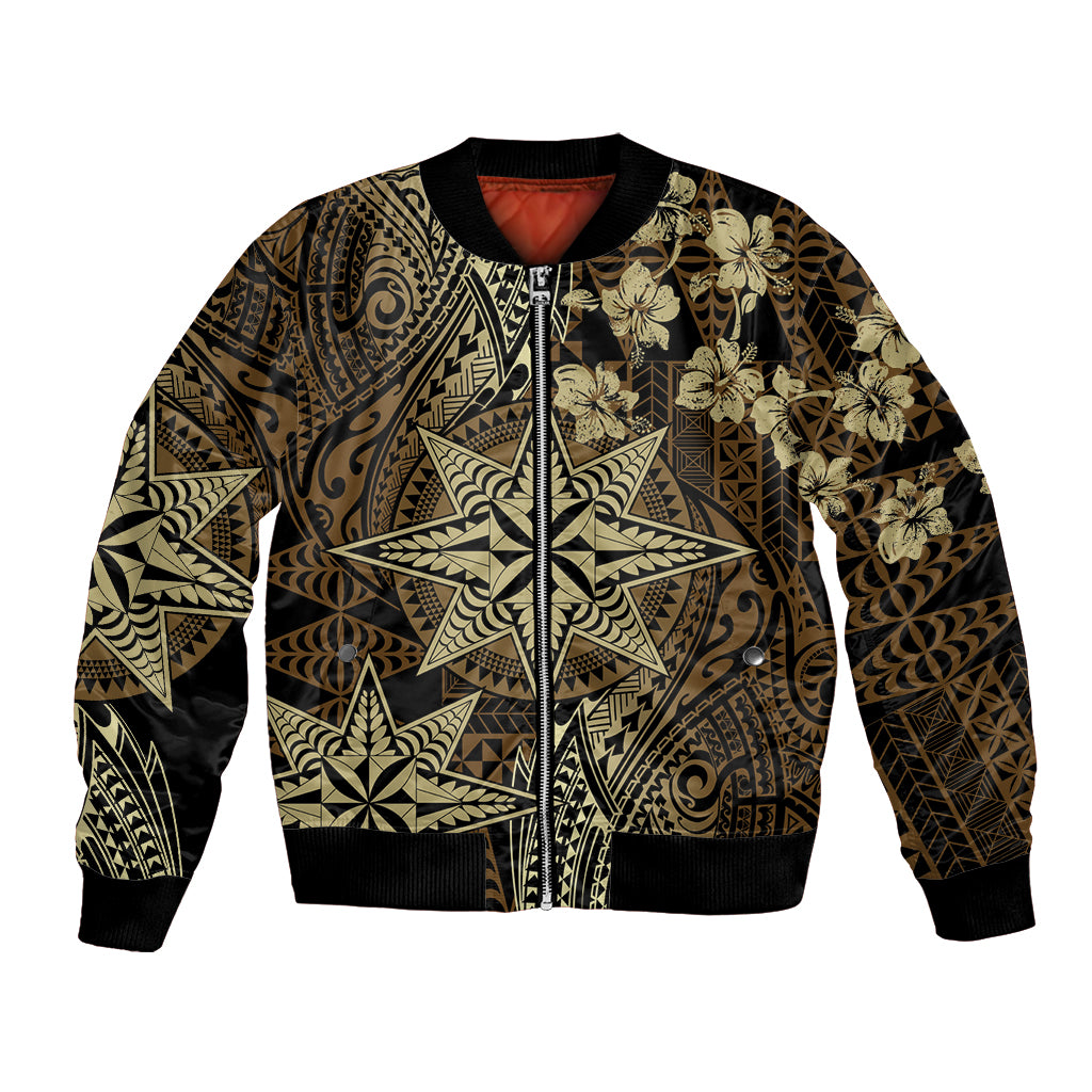 Vintage Tonga Tribal Ngatu Pattern Bomber Jacket With Pacific Floral Brown Art LT9 Unisex Brown - Polynesian Pride
