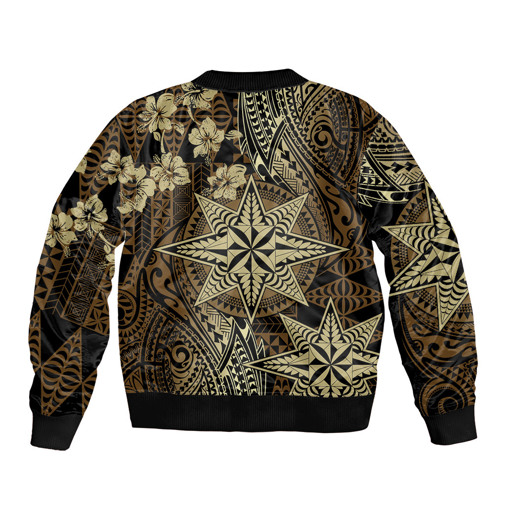 Vintage Tonga Tribal Ngatu Pattern Bomber Jacket With Pacific Floral Brown Art LT9 - Polynesian Pride